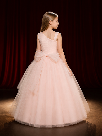 Girls' Blush Pink Princess Dress, One-Shoulder Layered Tulle Party Gown With Bow back view