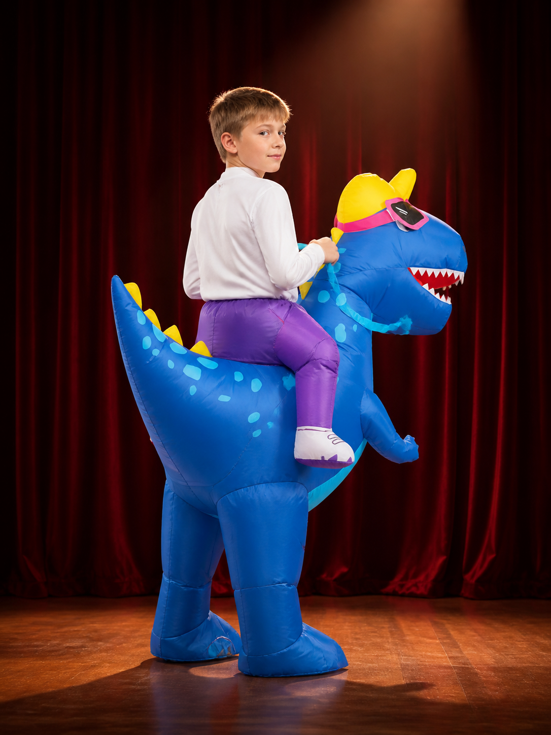Inflatable Blue Dinosaur Costume with Pink Goggles, Halloween Party Outfit