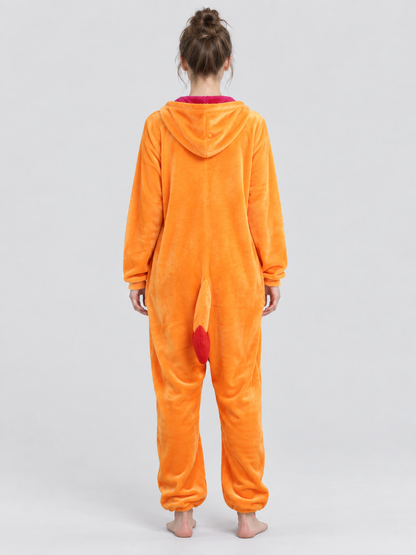 Orange Hooded Pajama Jumpsuit with Light-Colored Panel