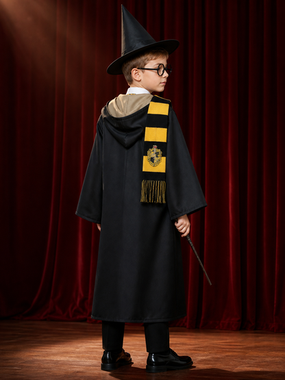 Kids' Wizard Costume Set, Black & Gold Robe with Hat, Scarf, Glasses and Wand back view