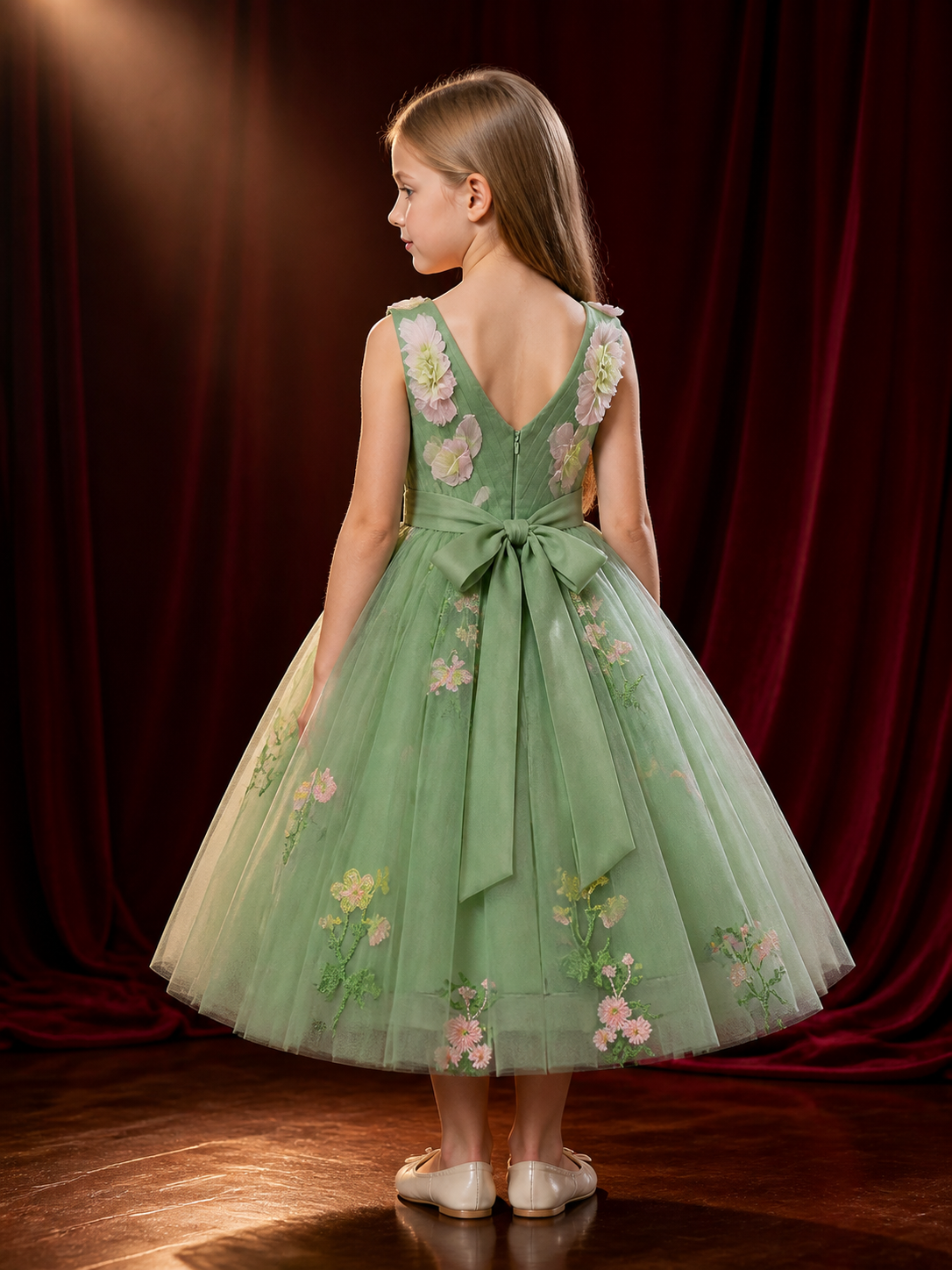 Toddler Girls' Princess Dress, Sleeveless Green Tulle Puff Skirt With Floral