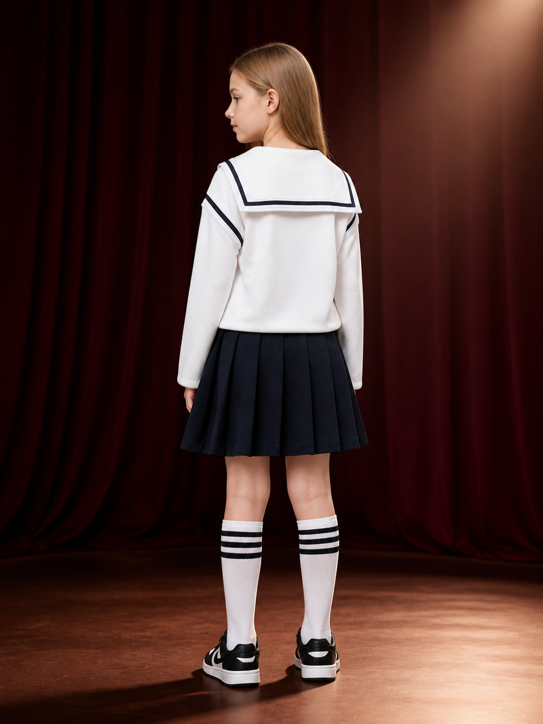 Kids Wizard School Uniform Costume Set, White Long Sleeve Sailor Top with Black back view