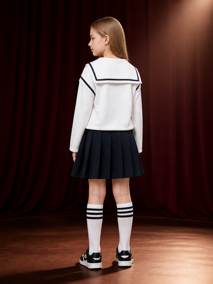 Kids Wizard School Uniform Costume Set, White Long Sleeve Sailor Top with Black back view