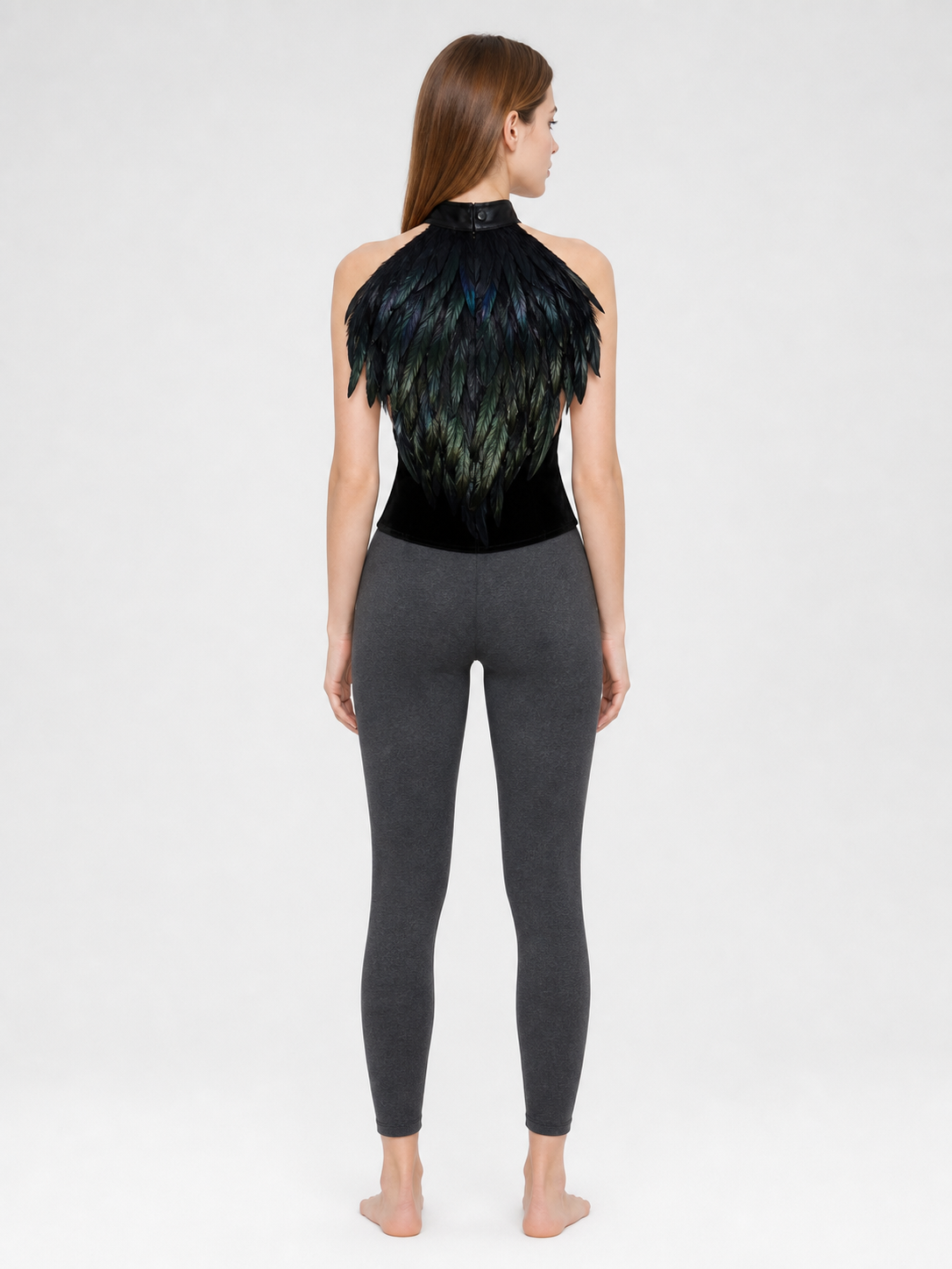 Black halter top with a feather-like texture and no embellishment