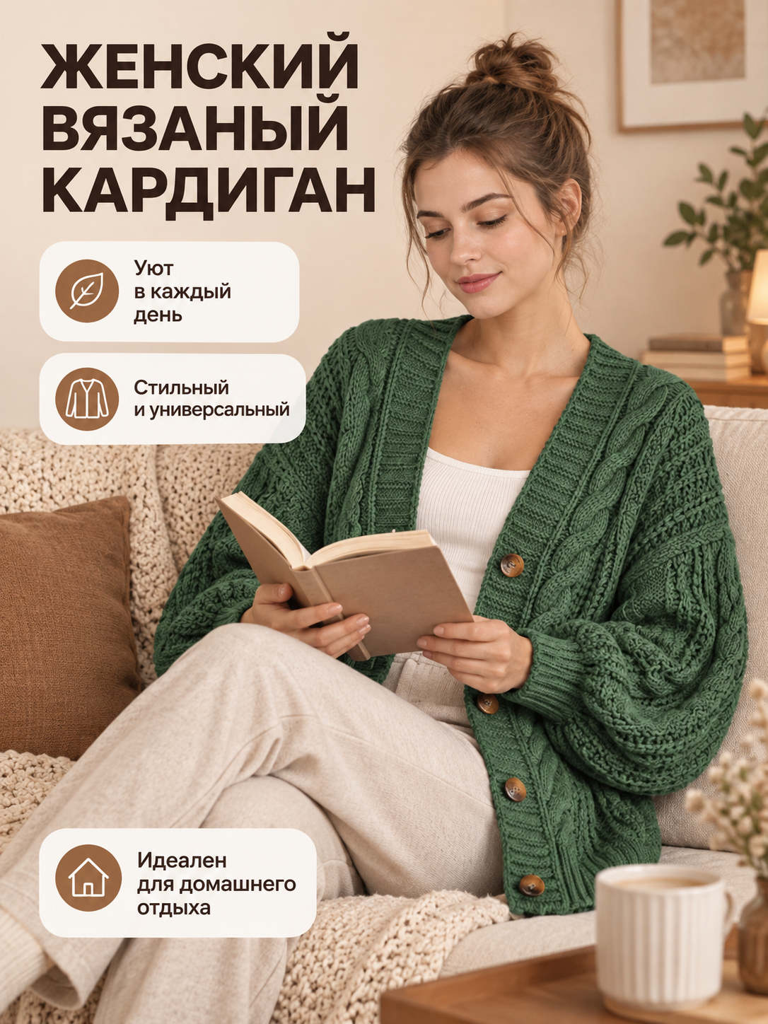 Green Knit Cardigan with Cable Pattern and Buttons