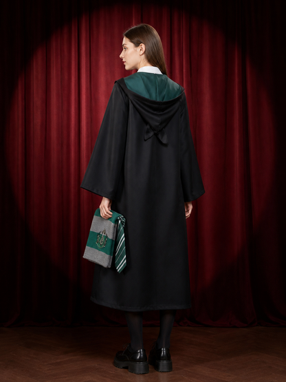 Slytherin Wizard Robe Costume Set with Tie & Scarf, Black Hooded Robe with Green back view