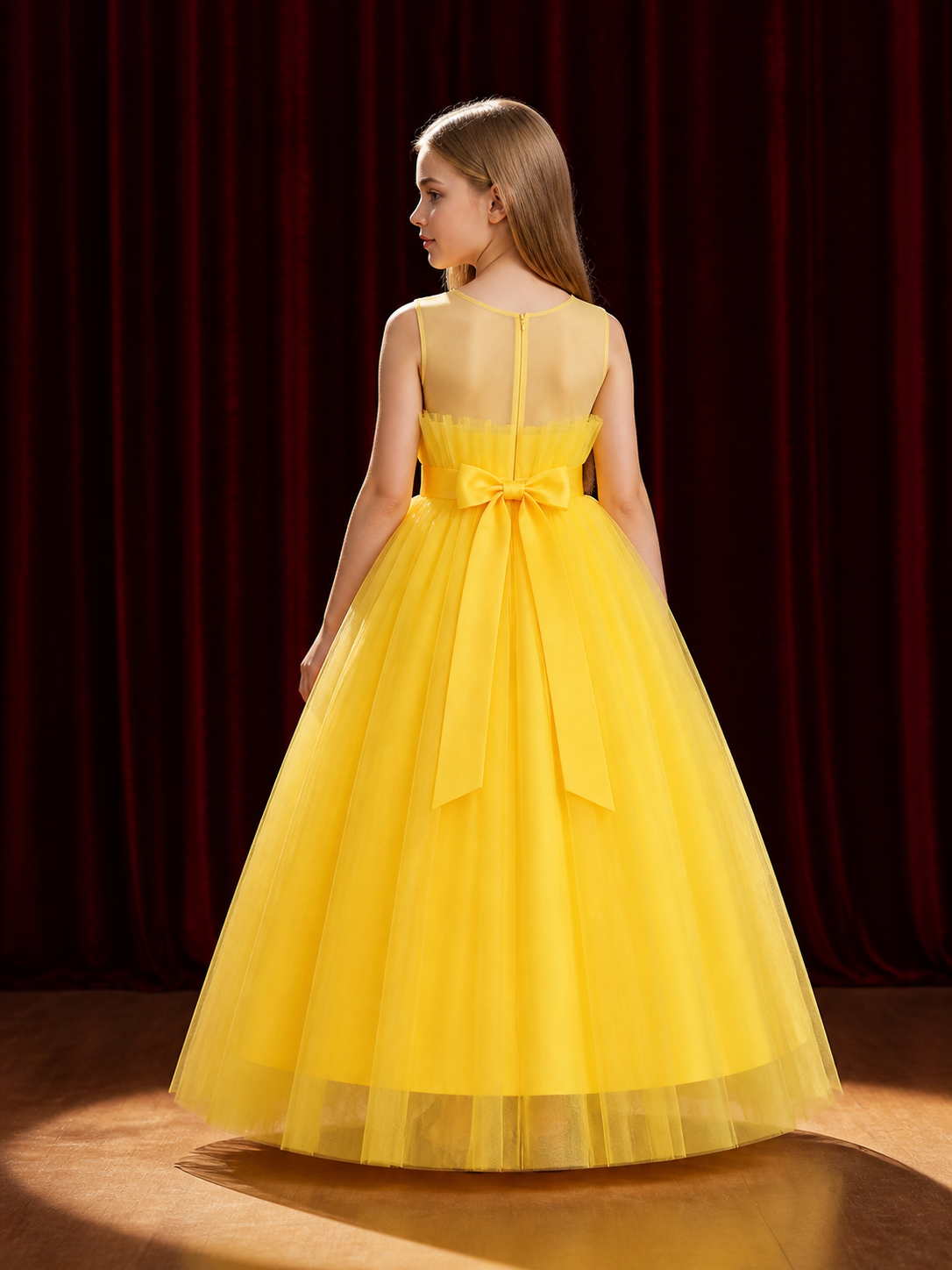Girls' Yellow Long Princess Dress with Layered Tulle and Double Bows back view