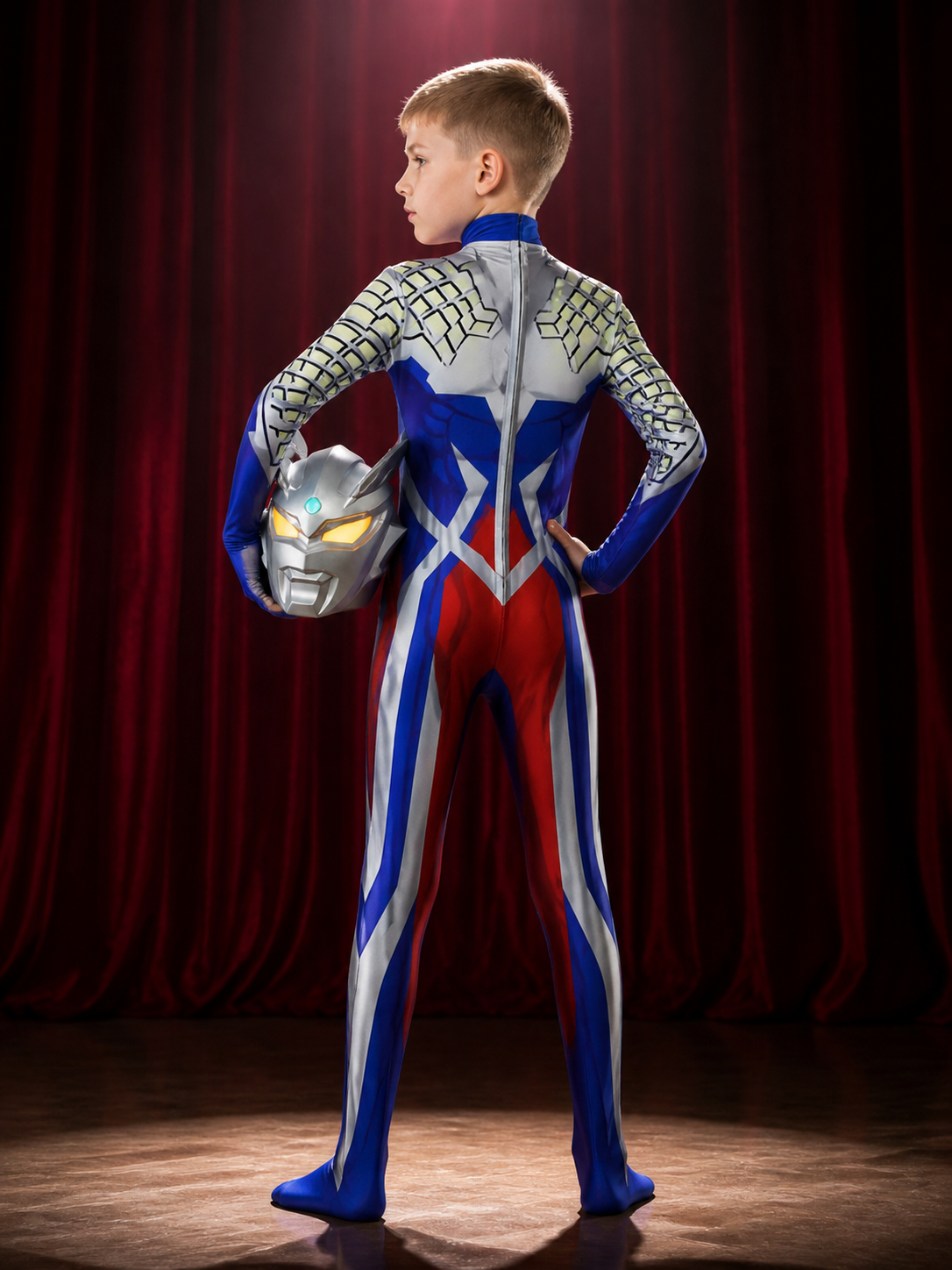 Unisex Ultraman Bodysuit Costume Set with Helmet, Light-Up Chest and Cape back view