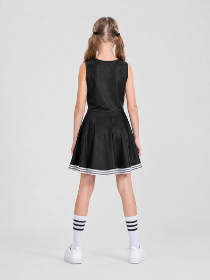 Children's Black and White Sleeveless Cheerleader Dress CHEERS back view