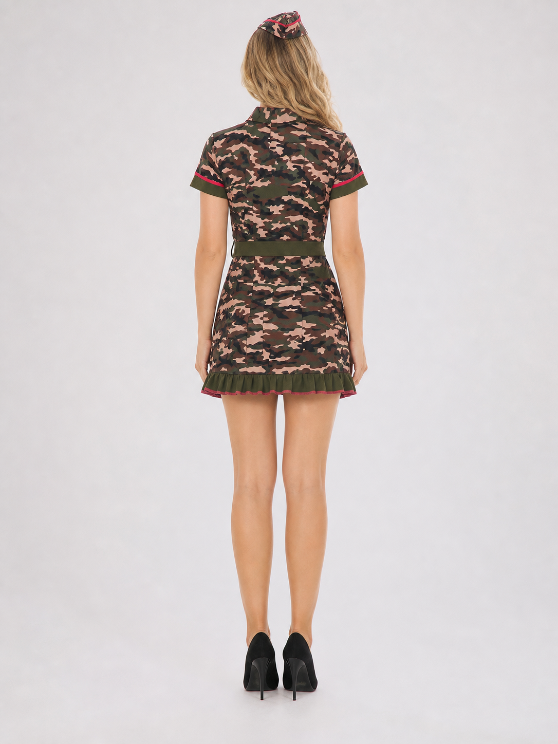 Camouflage Dress with Pockets, Belt, and Ruffles