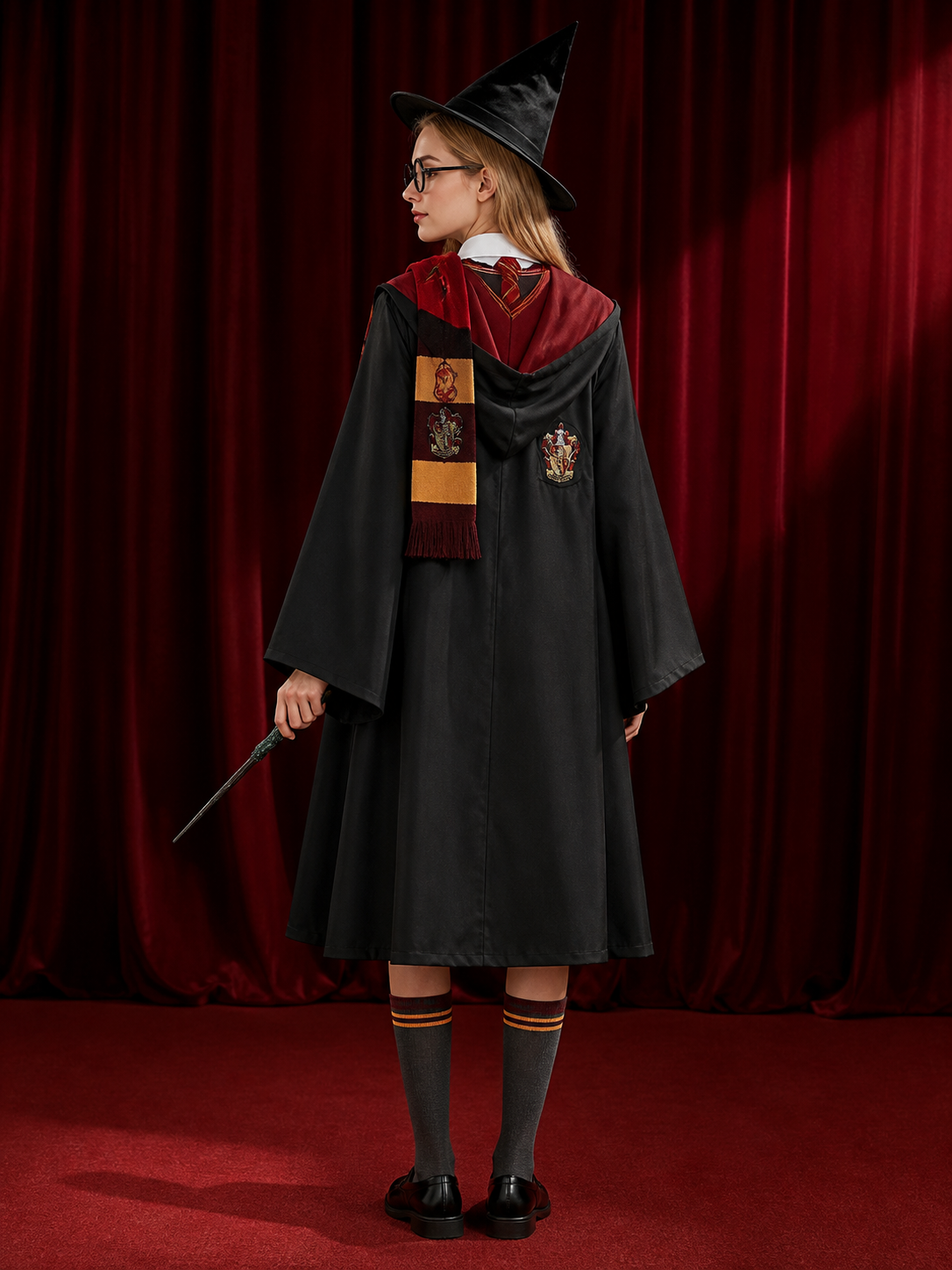Wizard Robe Costume Set With Hat, Scarf, Tie, Glasses And Wand, Halloween back view