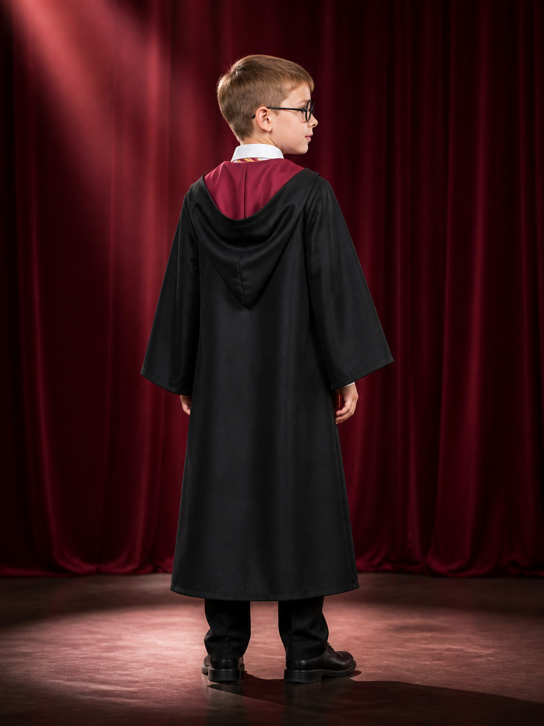 Children's Wizard Costume Set With Hooded Robe, Tie, Glasses, Shirt And Pants back view