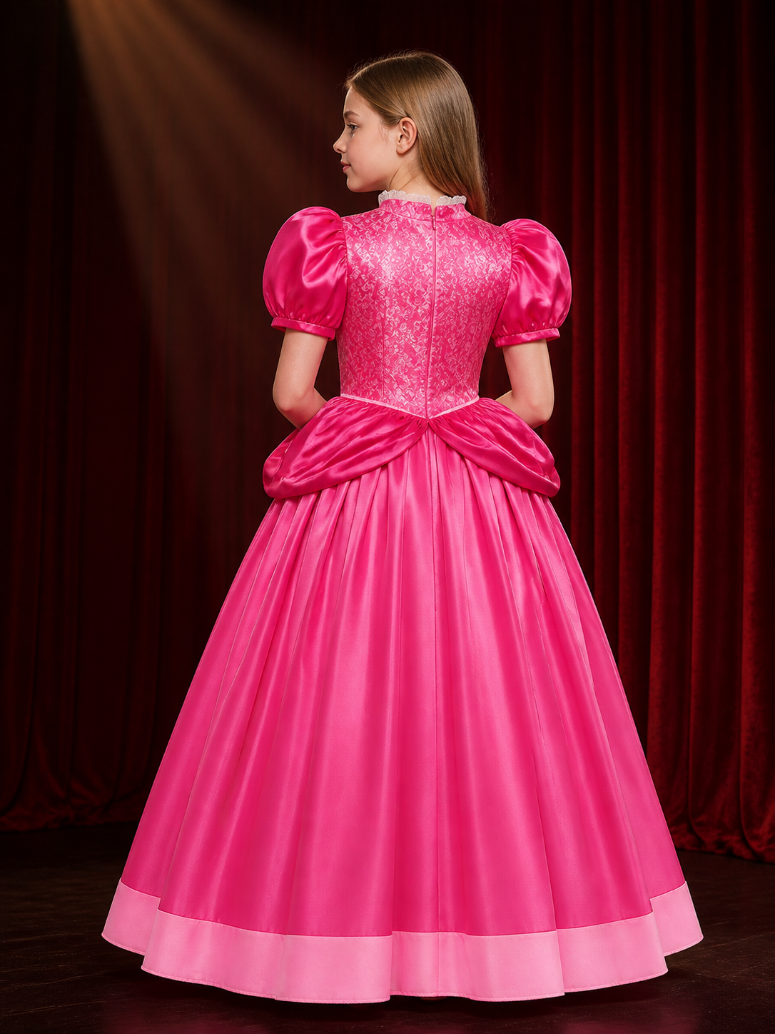 Pink Princess Ball Gown Costume Dress for Girls, Puff Sleeve with Blue back view