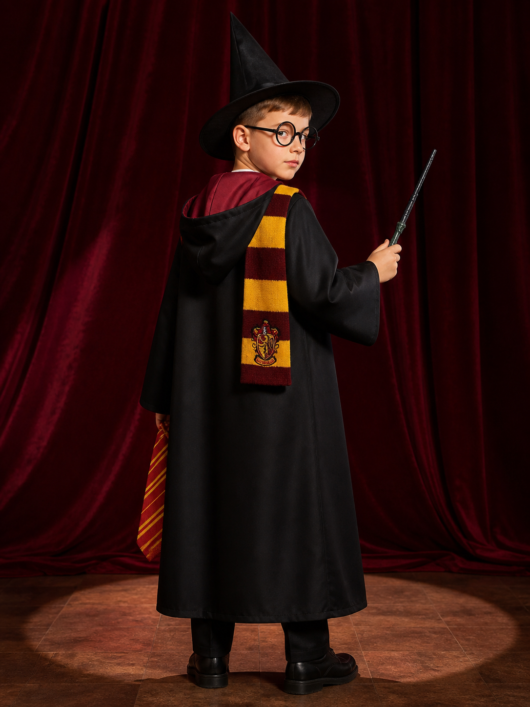 Kids Wizard Robe Costume Set with Hood, Burgundy Gold School Crest, Includes back view