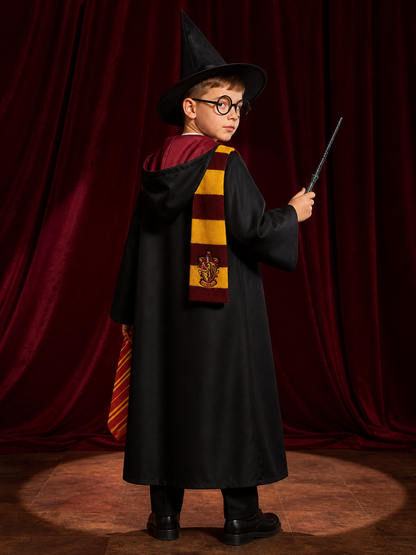 Kids Wizard Robe Costume Set with Hood, Burgundy Gold School Crest, Includes back view