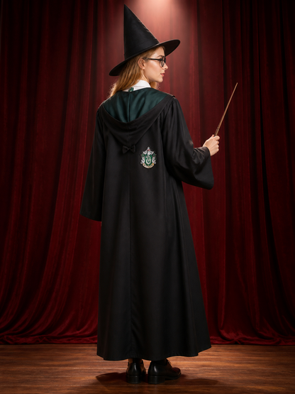 Wizard Costume Set With Hooded Robe, Striped Tie And Accessories back view