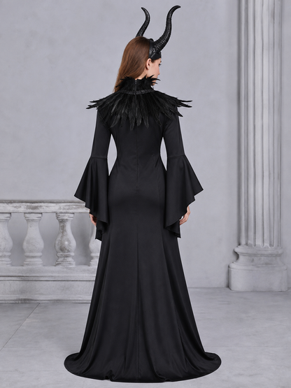 Black Gothic Witch Costume Dress With Horned Headpiece, Feather-Like Trim And Decorative Staff For Halloween Cosplay Parties