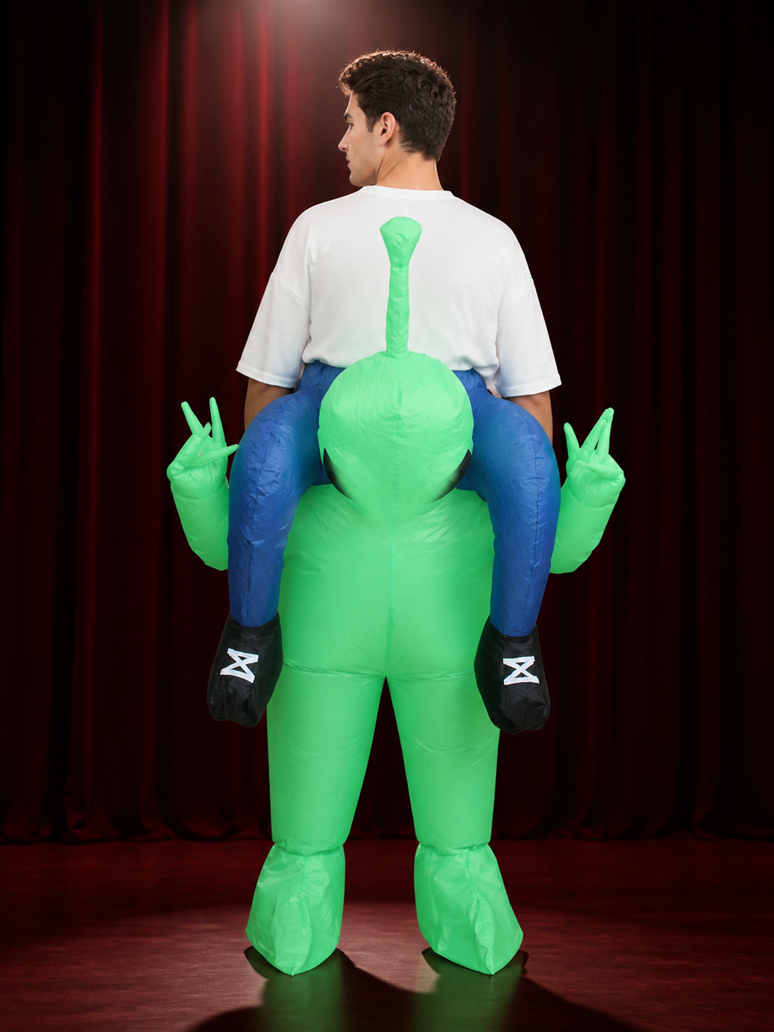 Green Alien Inflatable Costume with Blue Arms, Halloween Party Jumpsuit back view