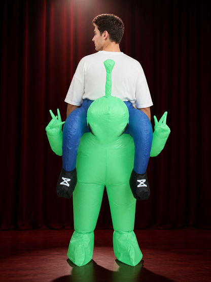 Green Alien Inflatable Costume with Blue Arms, Halloween Party Jumpsuit back view