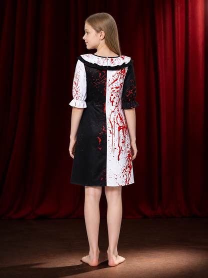 Clown Costume Dress with Blood Splatter Print, Black and White Ruffle back view