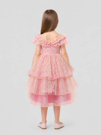 Sequin Princess Dress with Full Skirt and Ruffles back view