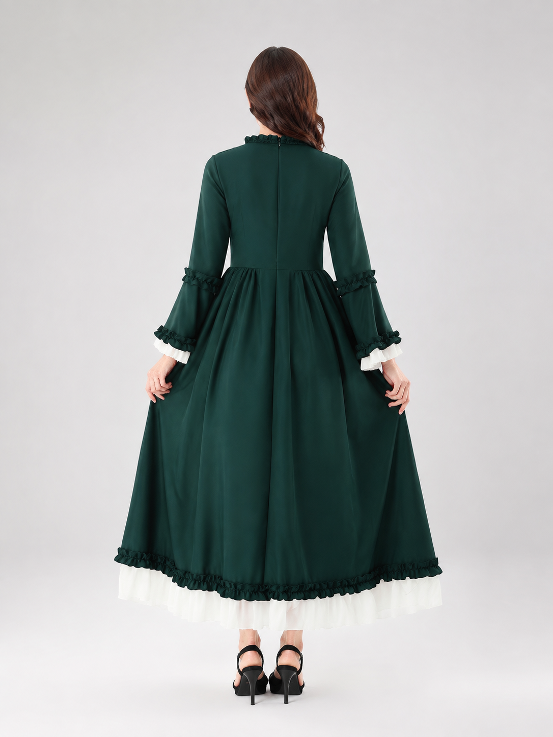 Medieval Dress with a White Bow and Tiered Skirt back view
