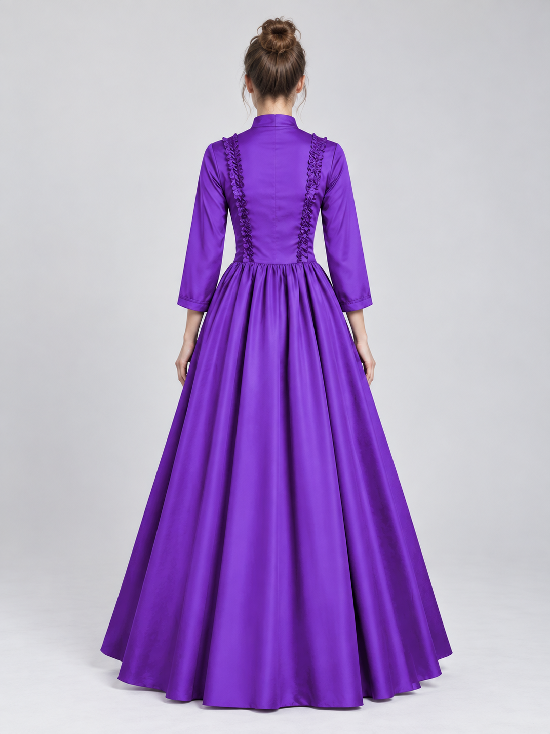 Purple Floor-Length Dress with High Collar and Lace