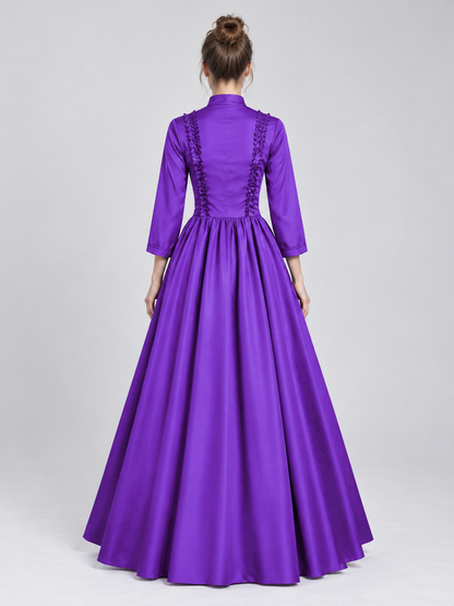 Purple Floor-Length Dress with High Collar and Lace