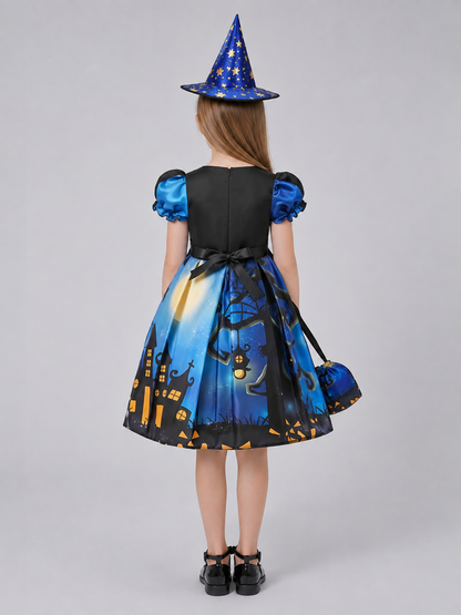 Children's Halloween costume dress with hat and handbag back view