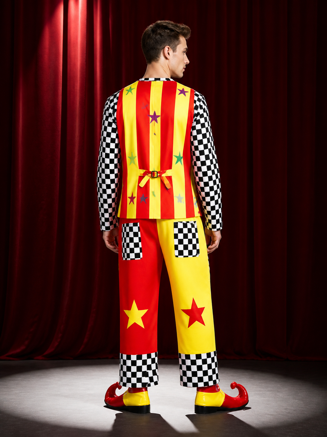 Clown Costume with Chessboard Print and Stars for Shows back view