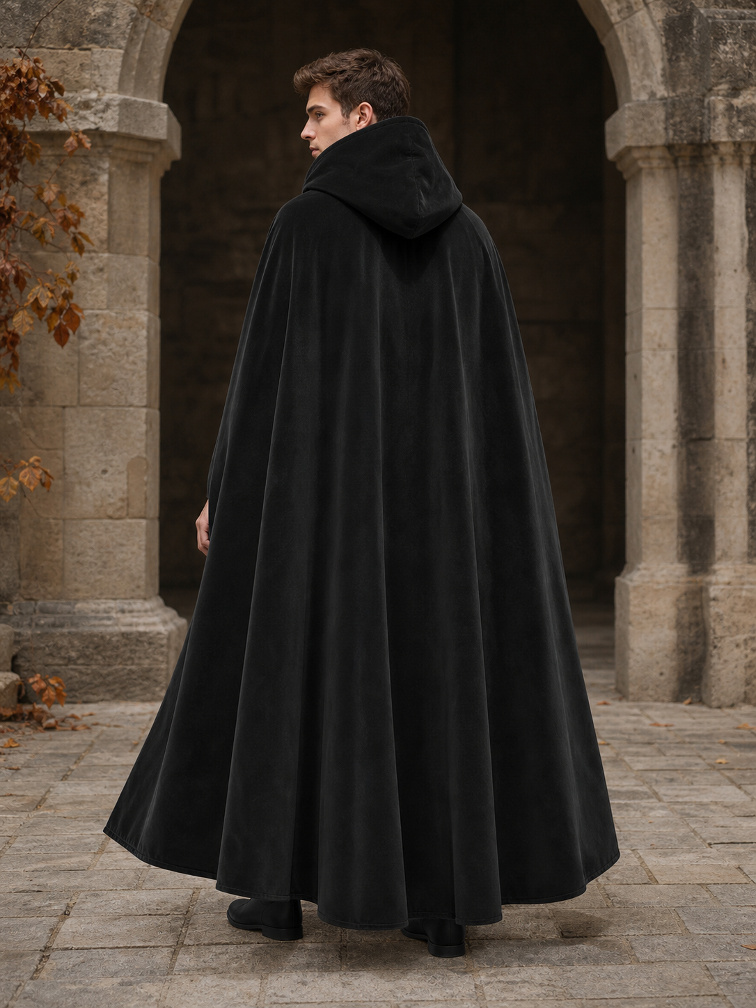 Long black hooded costume cloak
