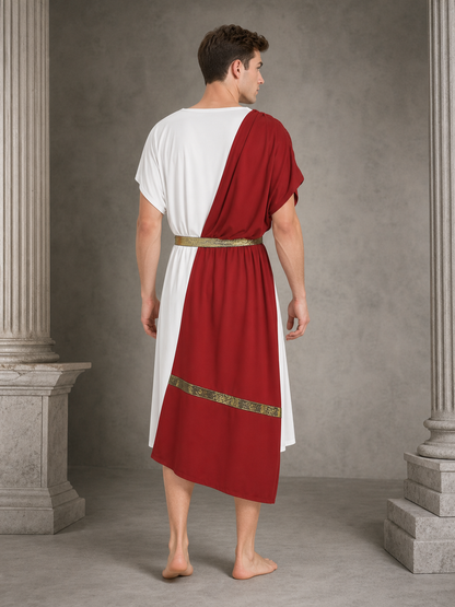 Men's Ancient Greek Costume, Red And White Draped Tunic With Gold Belt And Laurel Headpiece For Cosplay, Stage Events