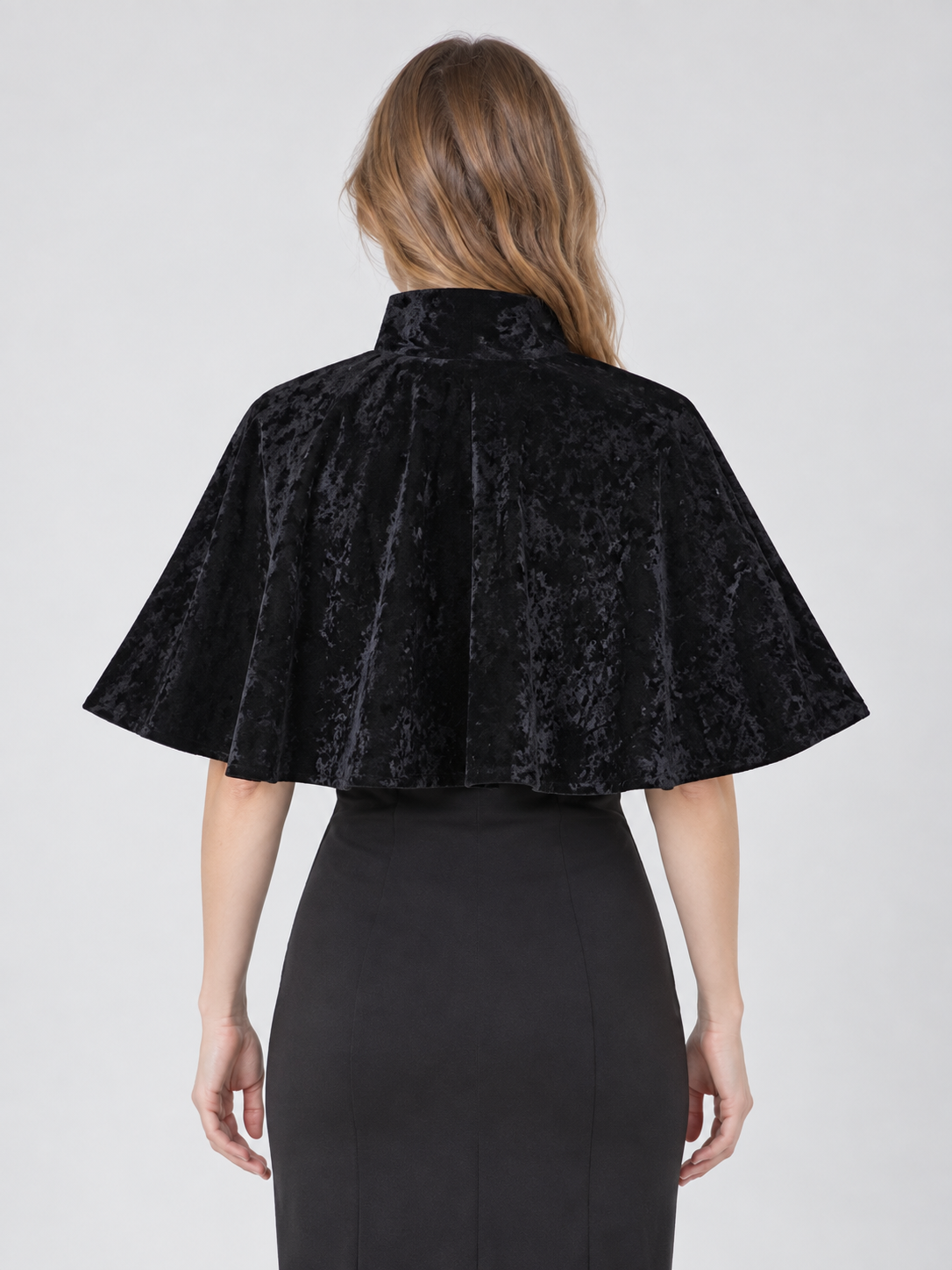 Black velvet cape with high collar and ties
