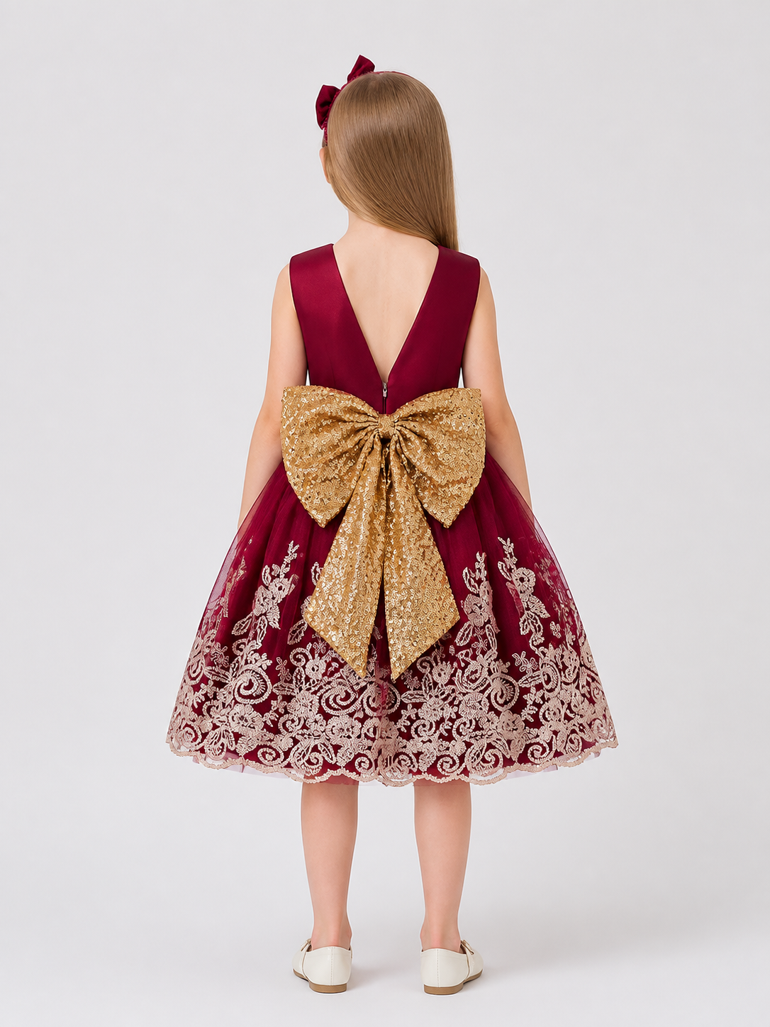 Girls' Sequin Princess Dress with Bow and Lace back view