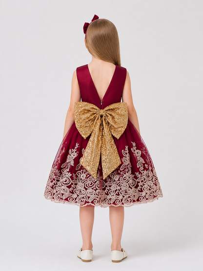 Girls' Sequin Princess Dress with Bow and Lace back view