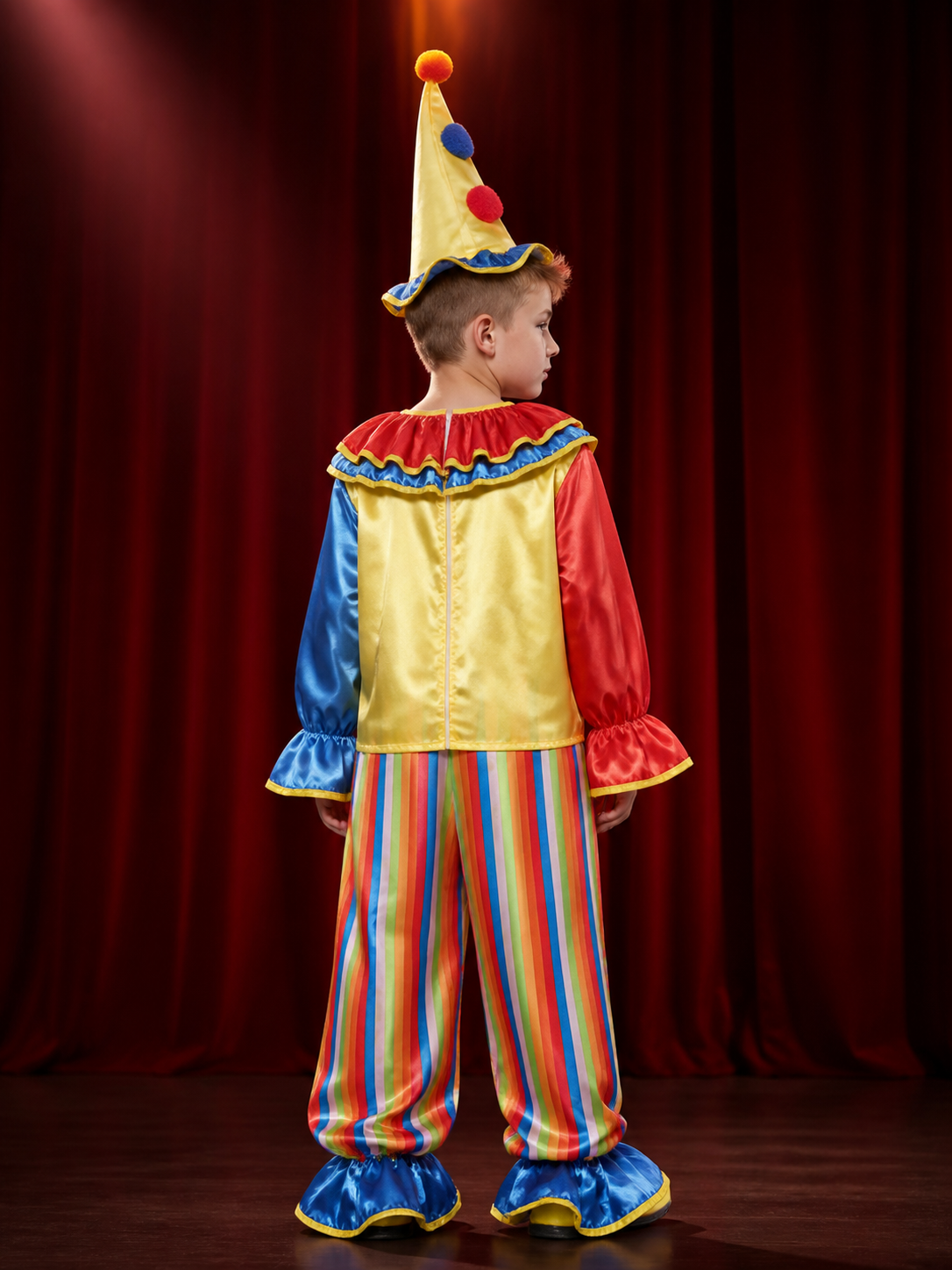 Kids' Colorful Clown Circus Costume Set with Ruffle Top, Pants and Pointed Hat back view