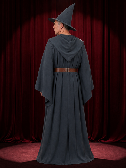 Unisex Wizard Costume Set With Dark Gray Robe, Pointed Hat, Belt, And Cape back view