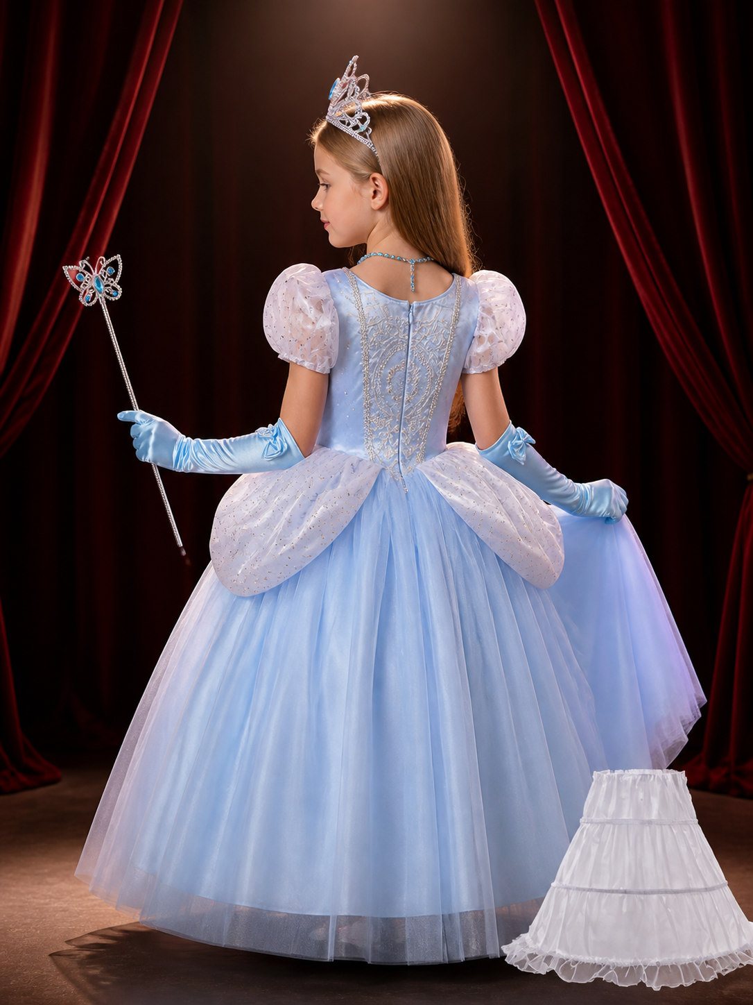 Girls Cinderella Princess Dress Costume Set - Light Blue Sparkly Tulle with
