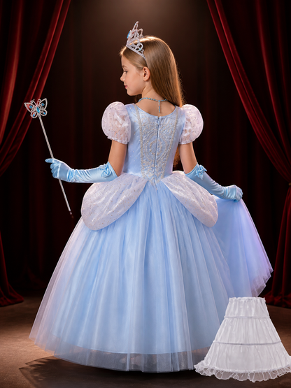 Girls Cinderella Princess Dress Costume Set - Light Blue Sparkly Tulle with