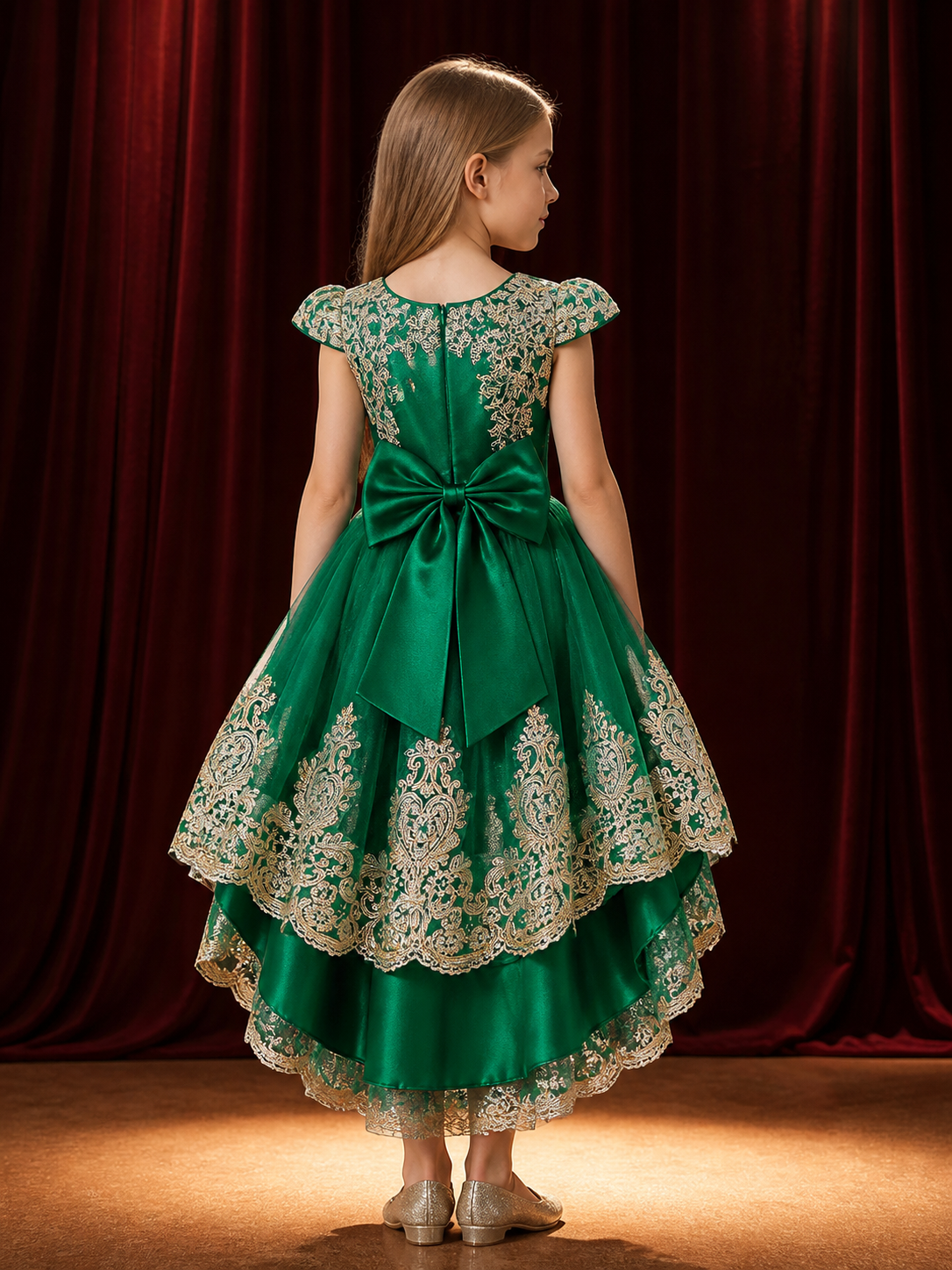 Girls' Dark Green Princess Dress with Gold Lace Embroidery, Bow and Train back view
