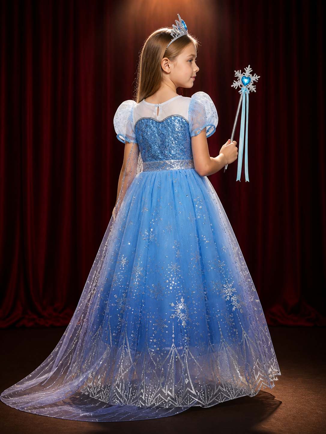 Kids Snow Queen Blue Sequined Snowflake Puffy Princess Dress Halloween Costume back view