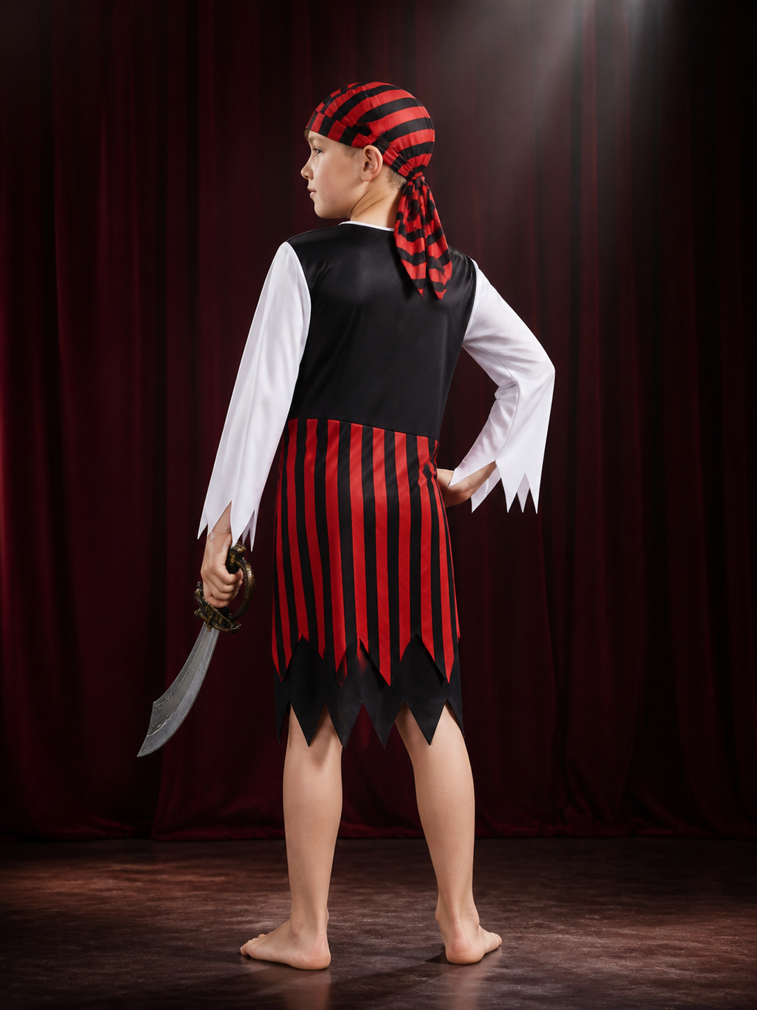 Children's Pirate Costume Set - Red Black Striped Dress & Hat for Halloween back view