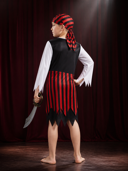 Children's Pirate Costume Set - Red Black Striped Dress & Hat for Halloween back view