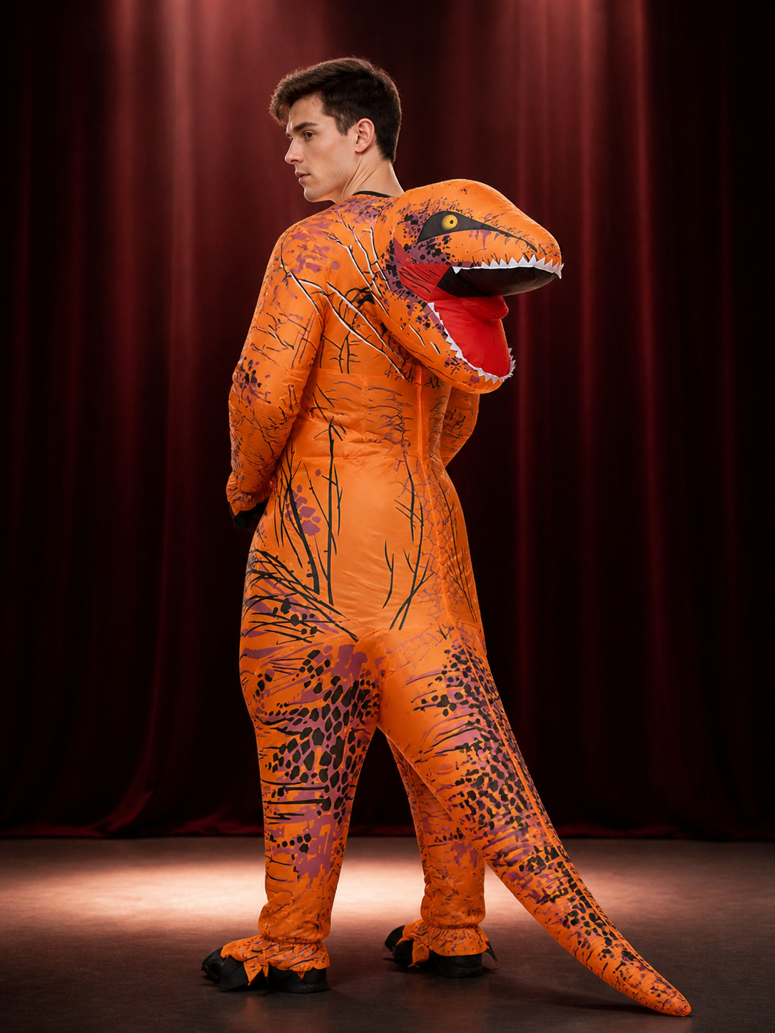Walking T-Rex Inflatable Dinosaur Costume for Adults and Kids with Black Spots back view