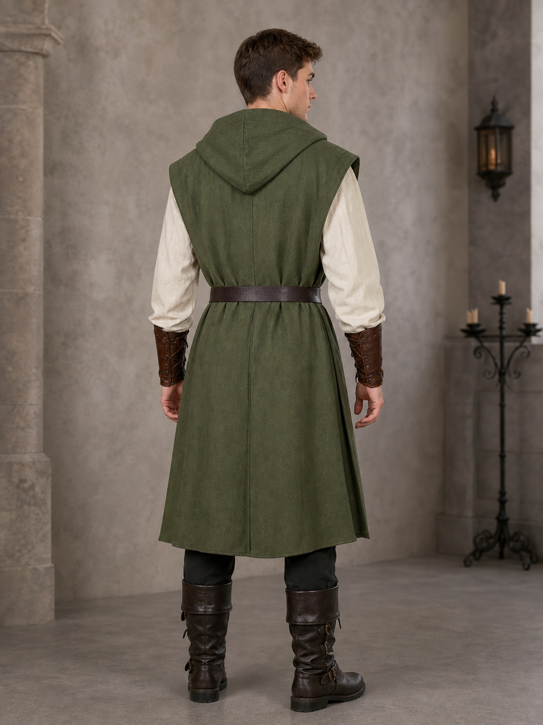 Medieval Fantasy Costume Sleeveless Hooded Long Vest, Open Front Design With Waist Belt For Cosplay And Costume Performances