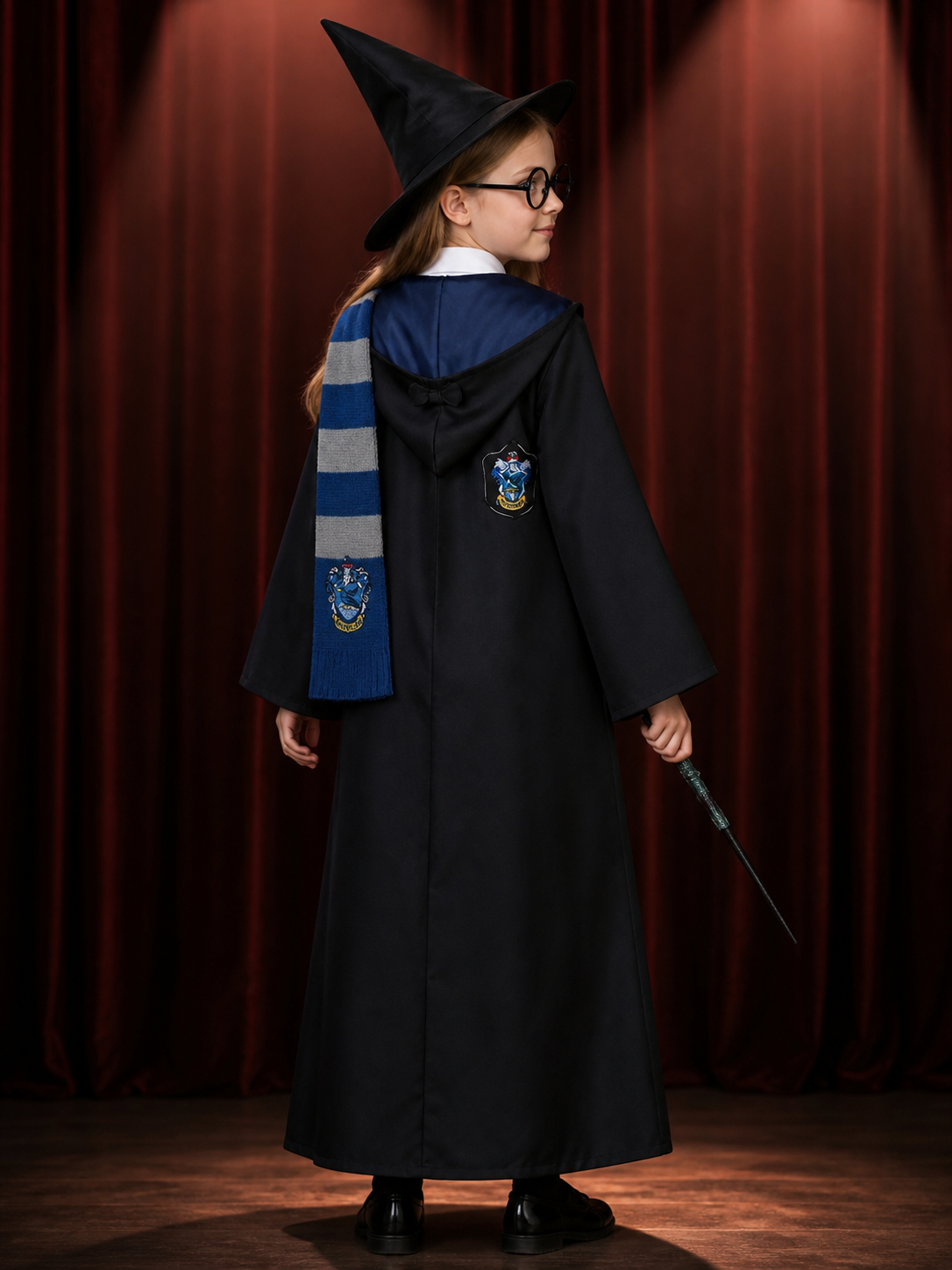 Wizard Cosplay Costume Set - Blue Robe with Scarf, Tie, Hat, Glasses and Wand back view