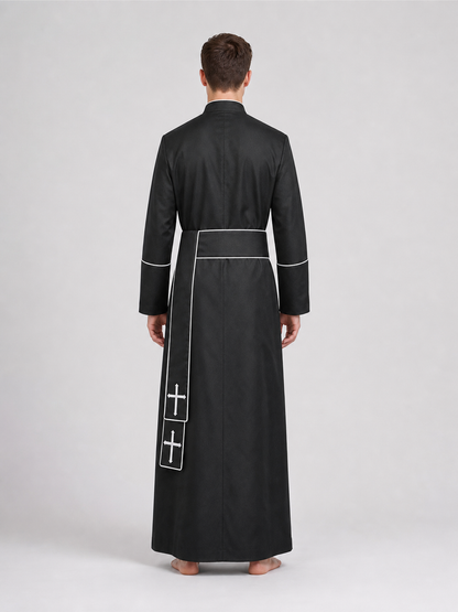 The model is designed in black and styled as a costume for cosplay, Halloween, and masquerades. It is a black cassock with a front featuring white buttons, a stand-up collar, and long sleeves. White crosses are placed on the garment: one is