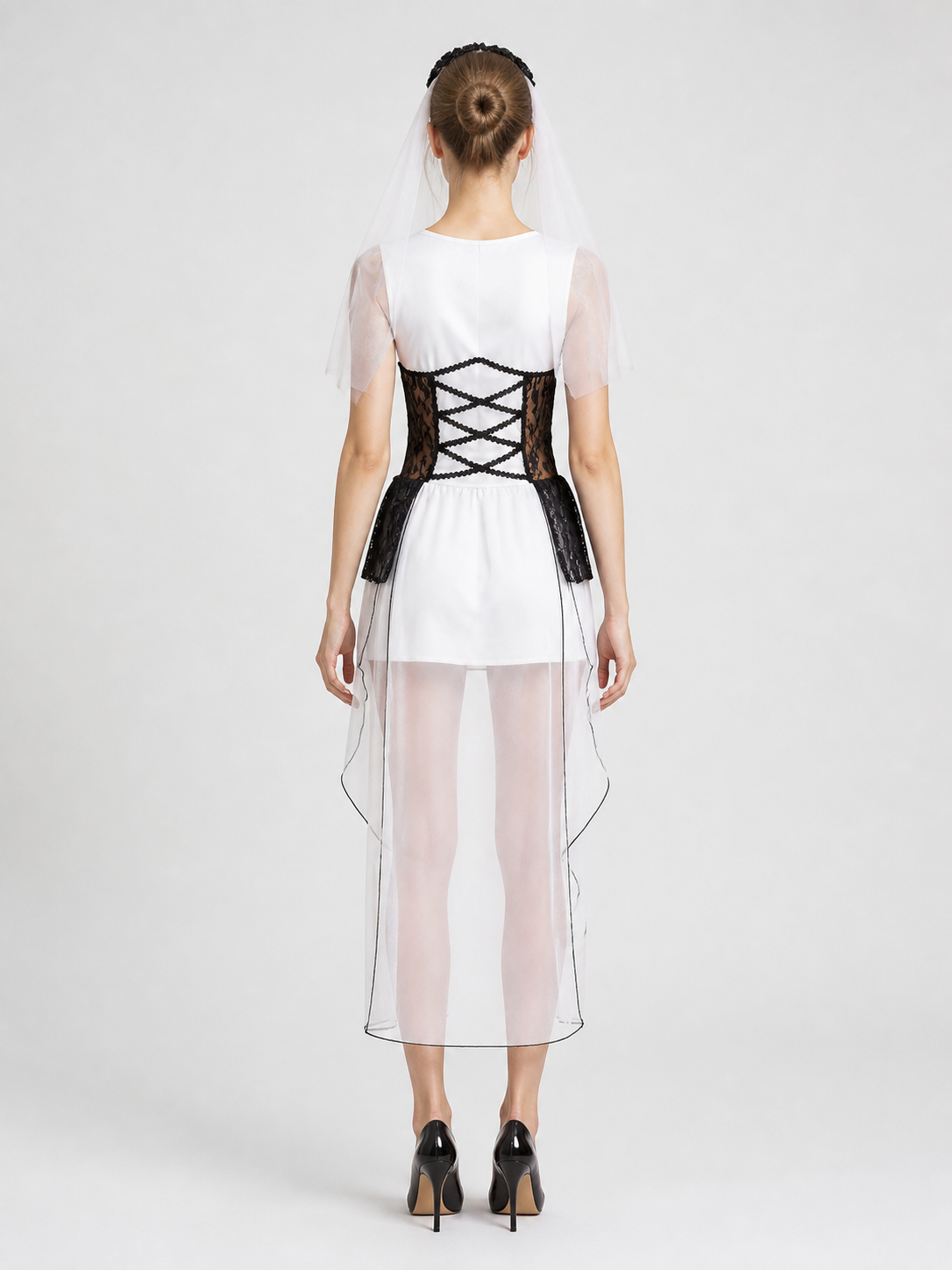 Gothic Ghost Bride Dress with Veil for Halloween back view