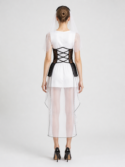 Gothic Ghost Bride Dress with Veil for Halloween back view