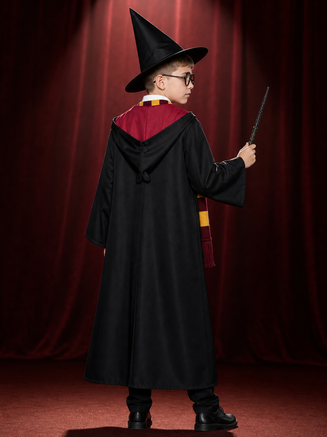 Kids Magic Wizard Robe Costume Set With Hat, Wand, Glasses, Scarf, Tie And Shirt back view